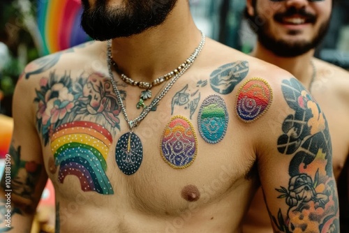 Grupo diverso de personas LGTBIQ+ mostrando sus tatuajes de orgullo Un grupo de amigos LGTBIQ+ mostrando orgullosamente sus tatuajes temáticos del orgullo, con grandes sonrisas y actitud positiva. photo