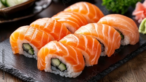 Fresh sushi rolls on a cool background with a closeup of a shushi roll