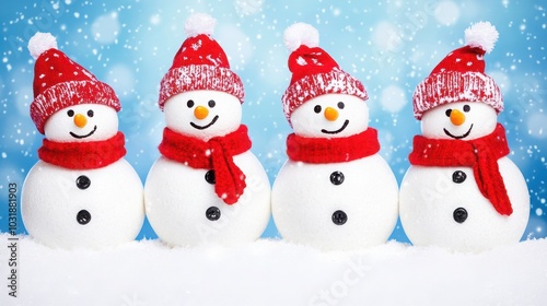 four cute smiling snowman with red hat and scarf on snow, winter decoration