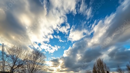 Dramatic Cloudscape with Vibrant Blue Sky and Silhouetted Trees photo