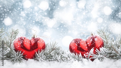 red christmas heart shape balls on snow, space for text, greeting card