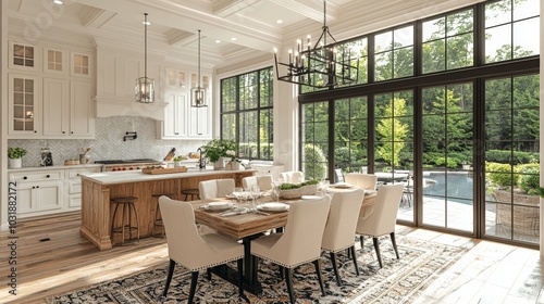 The dining area features a dark wood dining table with a white pedestal dining table photo