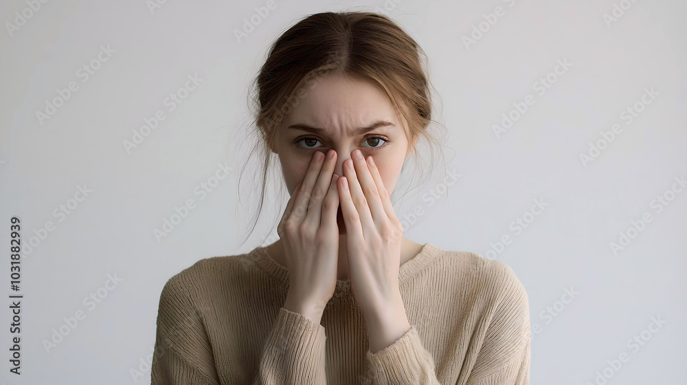 Young Woman Covering Mouth with Worried Expression
Young Woman Covering Mouth with Worried Expression