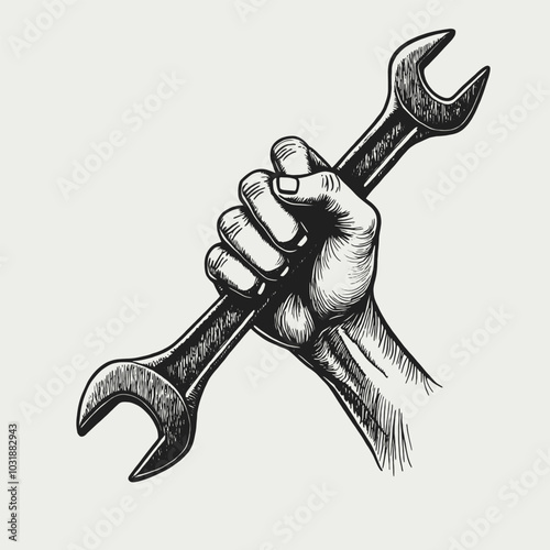 a black and white illustration of a hand holding a wrench.