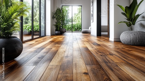 The elegant, contemporary design of this room features polished brown hardwood parquet flooring and textured white walls. photo