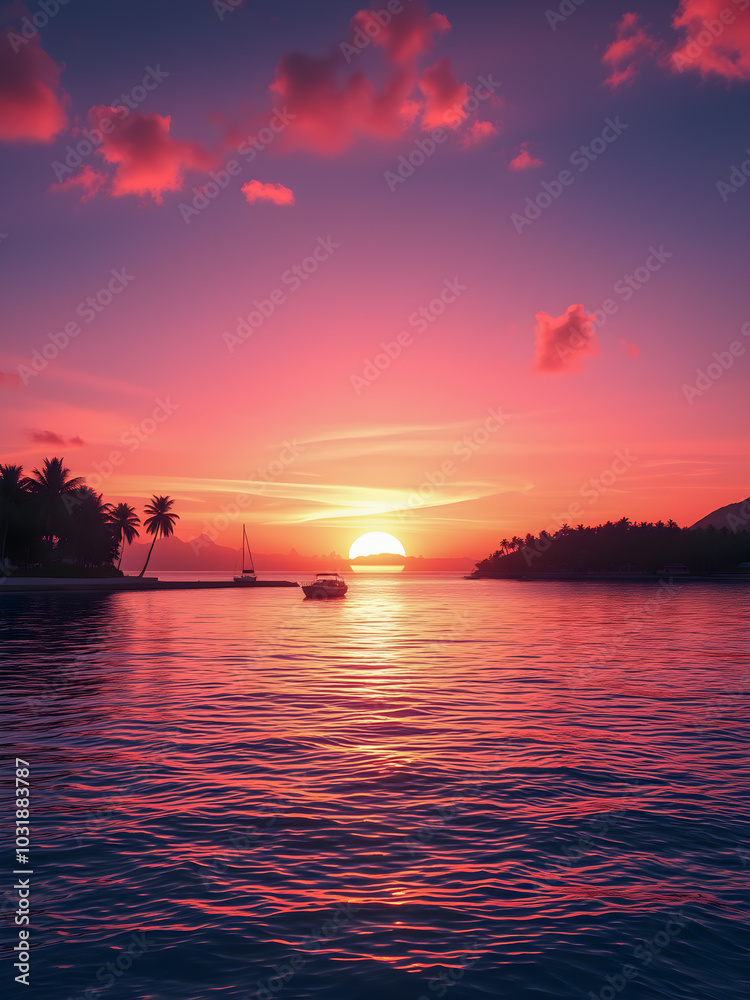 Naklejka premium Paradise island landscape. Picturesque purple pink sunset on beach palm trees silhouette ocean view. Dreamy nature scene, calmness tranquility design. Summer vacation travel destination. AI generated