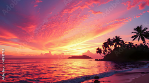 Paradise island landscape. Picturesque purple pink sunset on beach palm trees silhouette ocean view. Dreamy nature scene, calmness tranquility design. Summer vacation travel destination. AI generated