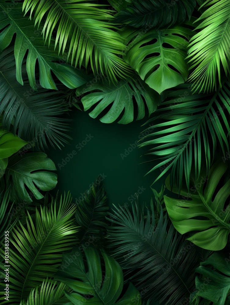 Lush green tropical jungle leaves in a 3D arrangement, creating a vibrant and exotic background. Perfect for adding a touch of nature to your designs. Lush green tropical jungle leaves in a 3D arrangement, creating a vibrant and exotic background. Perfect for adding a touch of nature to your designs.