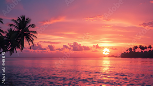 Paradise island landscape. Picturesque purple pink sunset on beach palm trees silhouette ocean view. Dreamy nature scene, calmness tranquility design. Summer vacation travel destination. AI generated