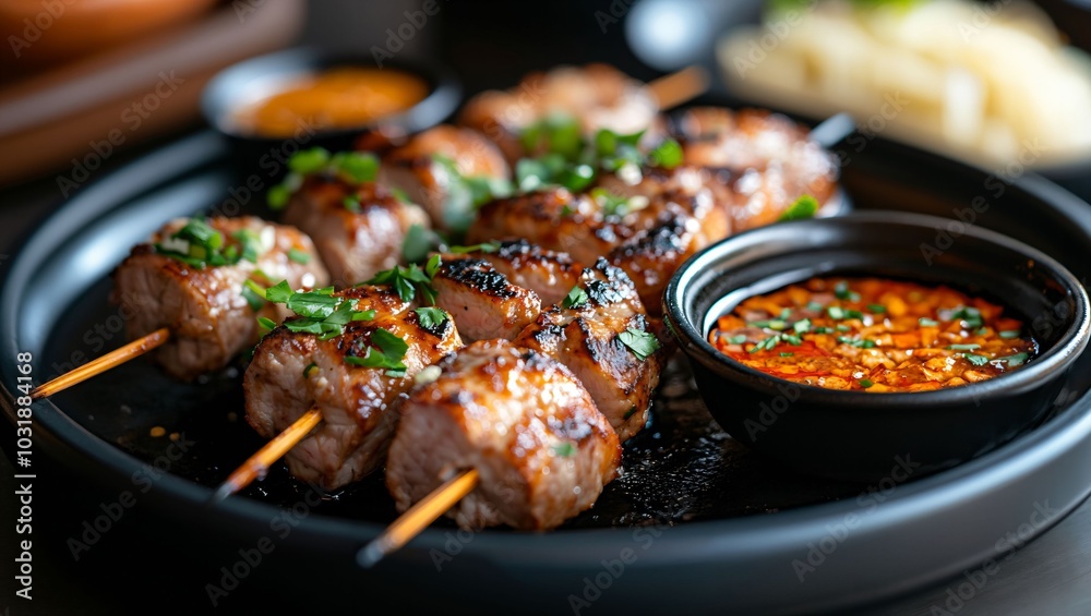 Sizzling Delight: Grilled Skewers with Flavorful Sauce, Garnished with Fresh Herbs, Perfect for a Delicious Feast, Bringing Joy to Culinary Enthusiasts and Food Lovers Alike. Sizzling Delight: Grilled Skewers with Flavorful Sauce, Garnished with Fresh Herbs, Perfect for a Delicious Feast, Bringing Joy to Culinary Enthusiasts and Food Lovers Alike.