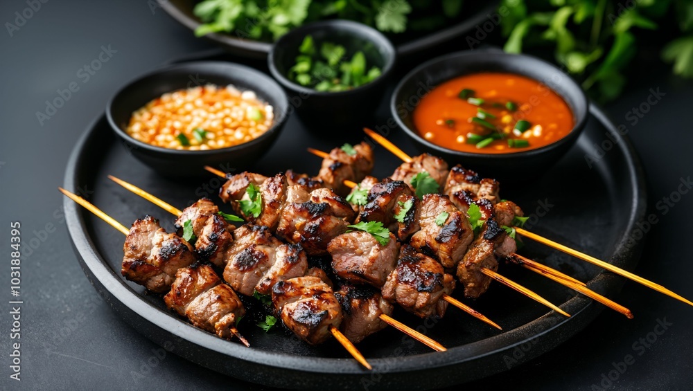 Savor the Flavor: A Platter of Grilled Skewers with Fresh Greens and Dipping Sauces, Perfect for Tempting Taste Buds and Elevating Any Culinary Experience Effortlessly!