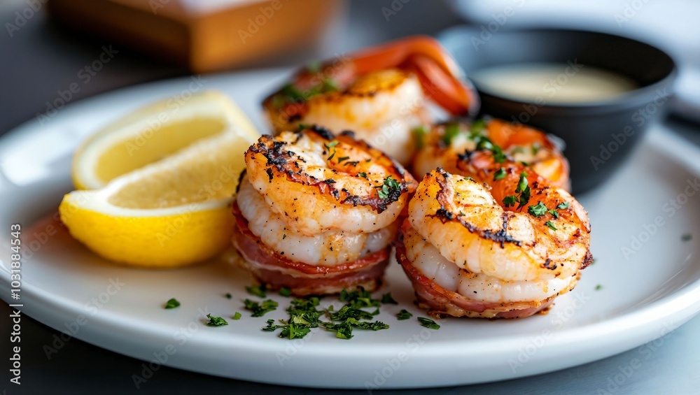 Indulge in a mouthwatering plate of grilled shrimp wrapped in savory bacon, complemented by fresh lemon wedges and zesty dipping sauce for the ultimate culinary experience.