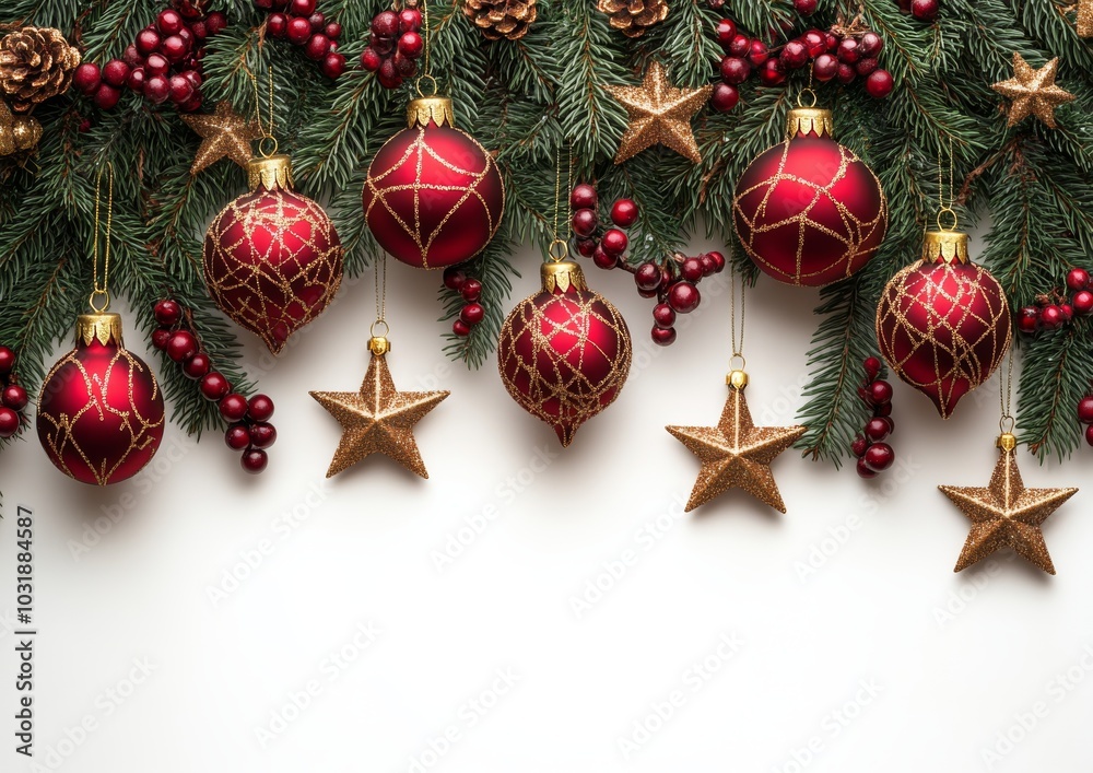 An arrangement of green pine twigs with red decorations hanging from the ceiling