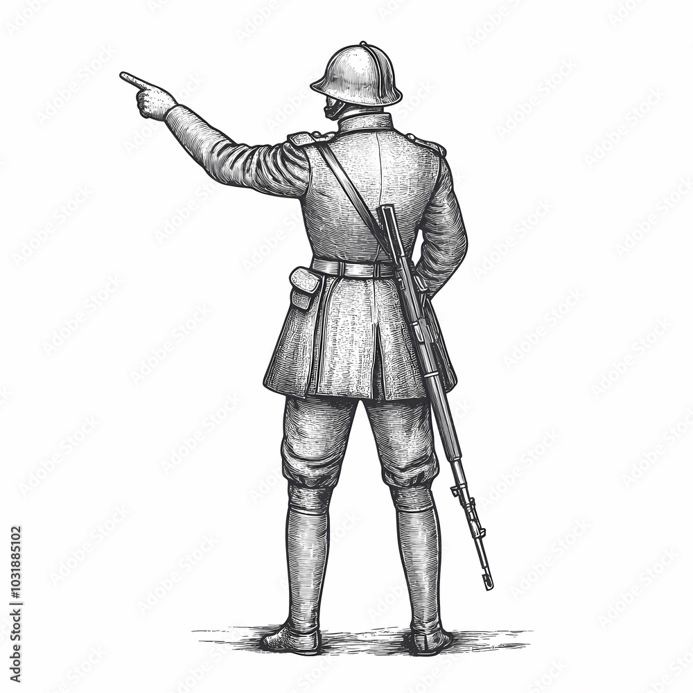 Tattoo Design of stern soldier, pointing directly forward, symbolizing military recruitment, duty, and patriotism sketch engraving,vector illustration Tattoo Design of stern soldier, pointing directly forward, symbolizing military recruitment, duty, and patriotism sketch engraving,vector illustration