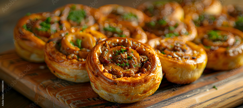 A close-up of spicy sausage rolls with a golden crust A close-up of spicy sausage rolls with a golden crust
