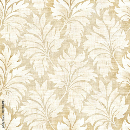 Seamless texture of large botanical leaves in beige tones, creating an elegant vintage floral pattern on a linen fabric background