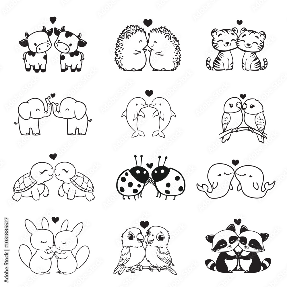 Obraz premium Set of Animal Love Clipart Design - Animal Heart love Vector illustration in black and white