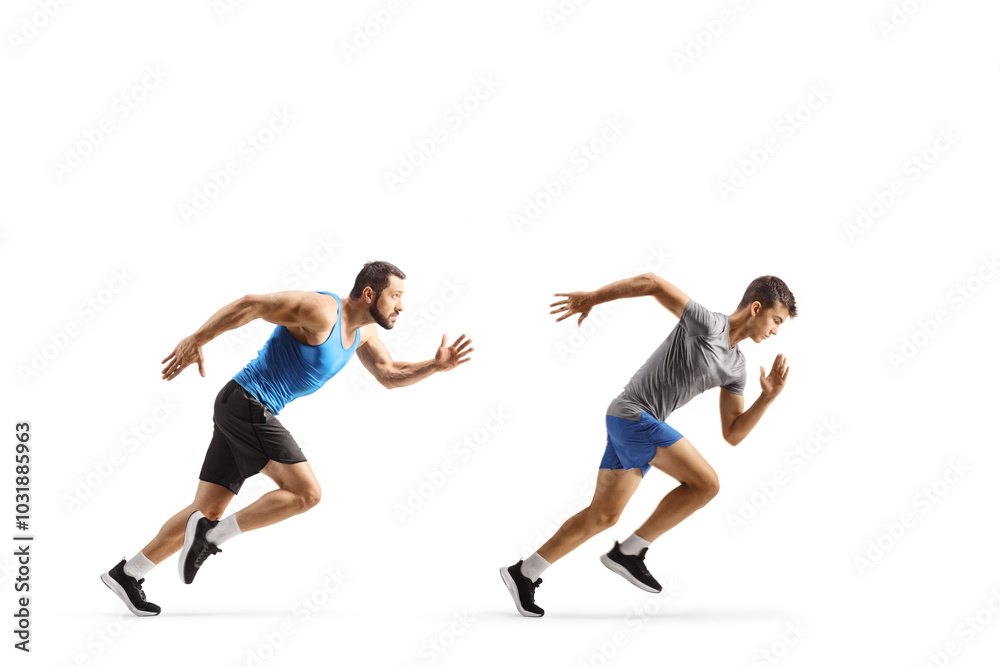 Full length profile shot of a fit male athletes running fast Full length profile shot of a fit male athletes running fast
