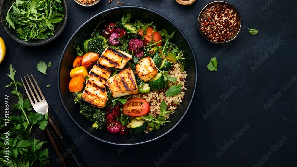 A vibrant and nourishing salad bowl featuring grilled cheese, colorful vegetables, and quinoa, perfect for a wholesome meal that promotes healthy eating habits.