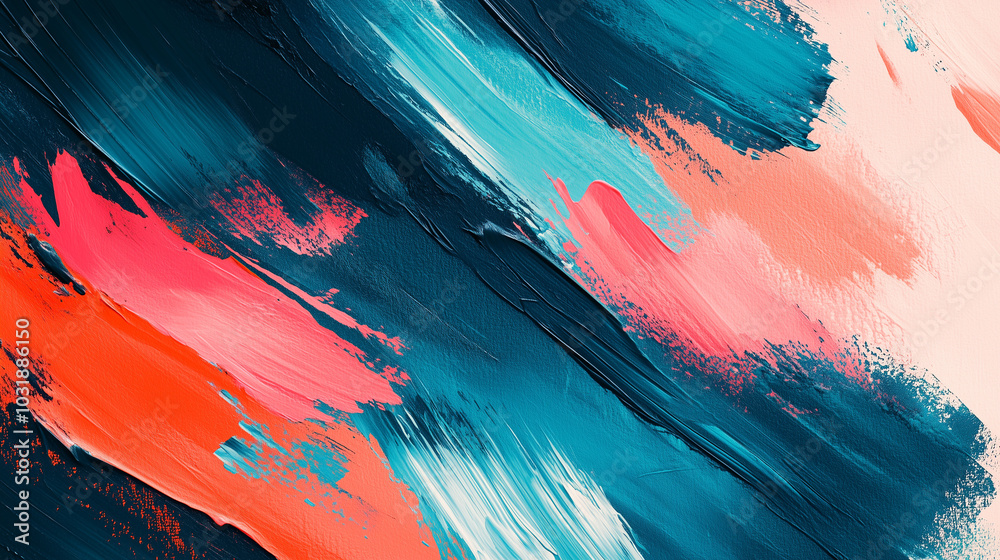 Dynamic Blue And Coral Paint Strokes On A Textured Canvas Background