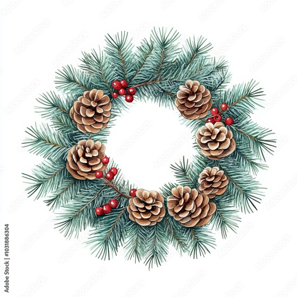 Fototapeta premium A watercolor painting of a spruce, pine cone, and holly berry Christmas wreath