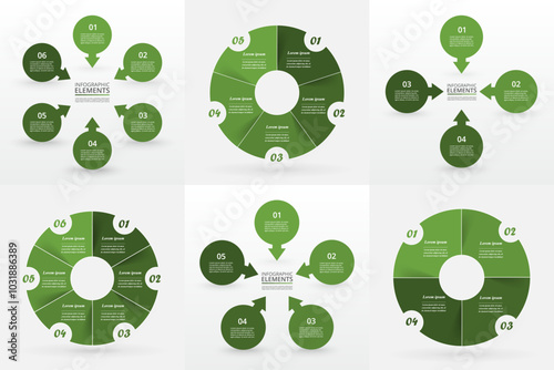 Set of green circle infographic elements with 4, 5 and options, parts or steps.