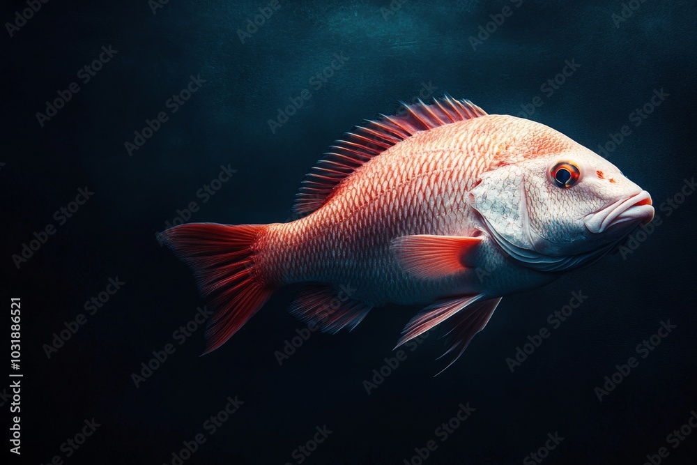the beside view Red Snapper, left side view, white copy space on right, Isolated on dark Background the beside view Red Snapper, left side view, white copy space on right, Isolated on dark Background