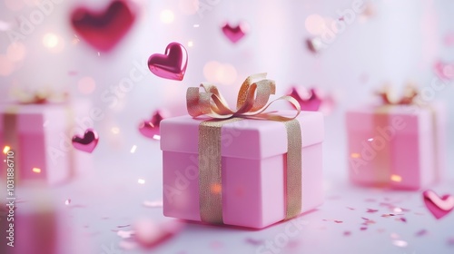 Gold hearts are adorning two red gift boxes floating on a pink background with golden ribbons and bows.