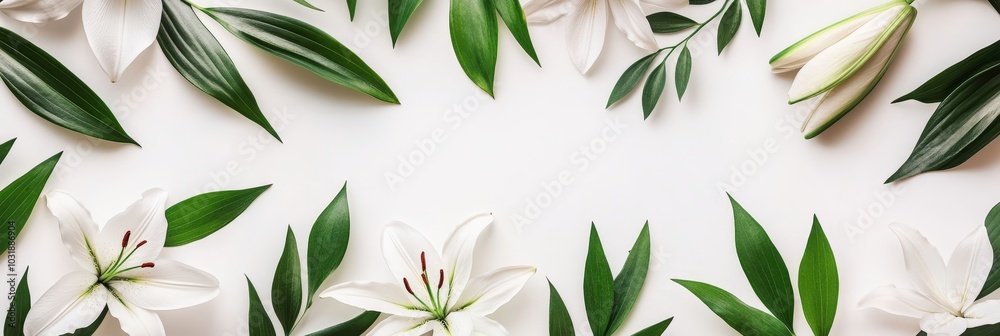 An elegant floral border is created with white and cream lilies and green leaves An elegant floral border is created with white and cream lilies and green leaves