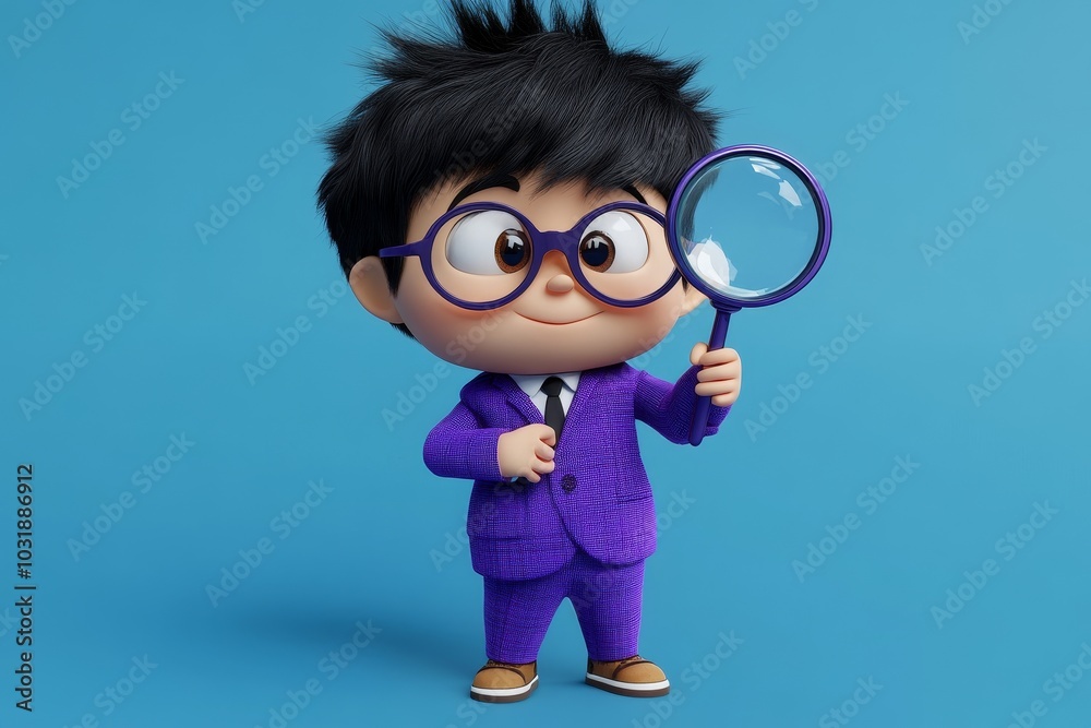 Animated character holding a magnifying glass against a light blue background. Animated character holding a magnifying glass against a light blue background.