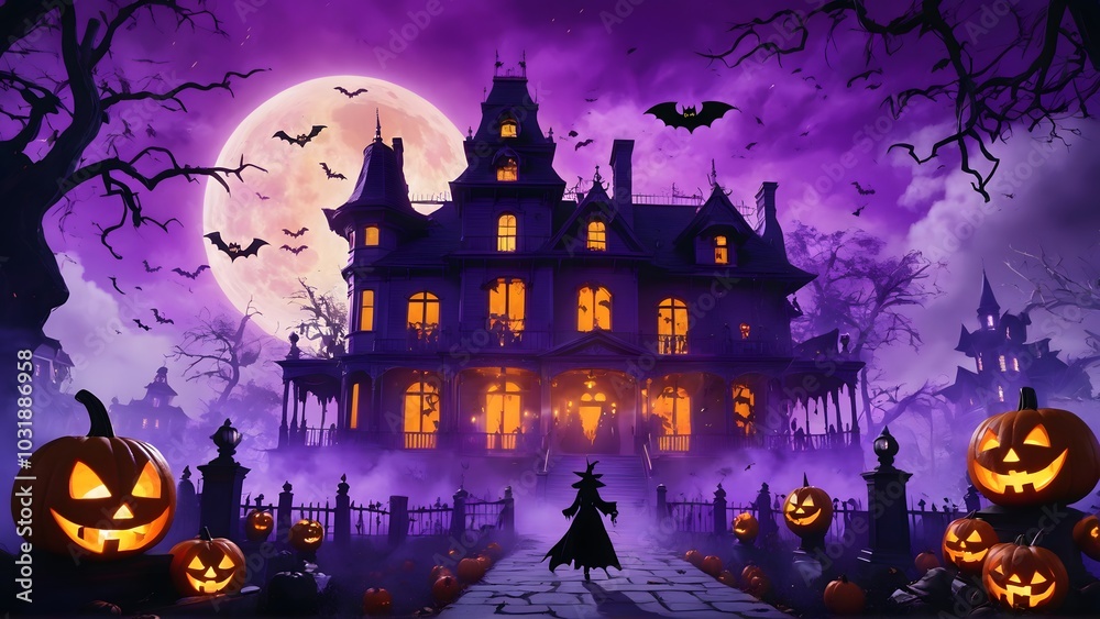 Anime haunted mansion with glowing pumpkins, purple mist, and witches walking outside. AI-generated. Anime haunted mansion with glowing pumpkins, purple mist, and witches walking outside. AI-generated.