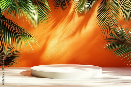 On this mockup of new naturalism, the podium pedestal is shown on an earthy orange background with shadows cast by palm trees.