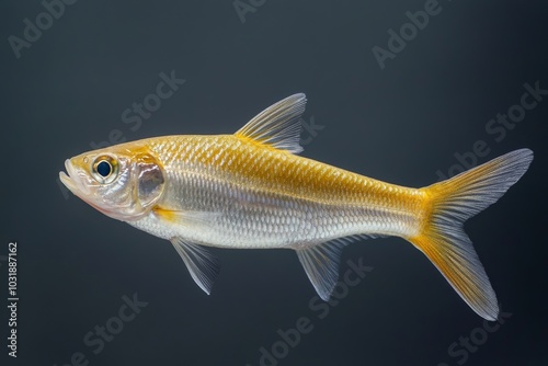 the beside view Threadfin Shad, left side view, white copy space on right, Isolated on dark Background