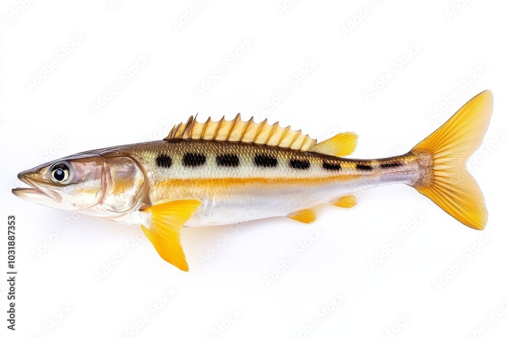 the beside view Yellowmouth Barracuda, left side view, white copy space on right, Isolated on White Background