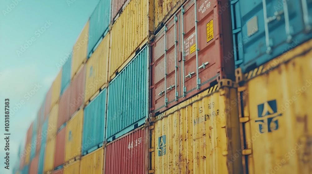 Fototapeta premium Close up view of stacked shipping containers with various international trade labels and markings highlighting the interconnected global logistics and transport industry