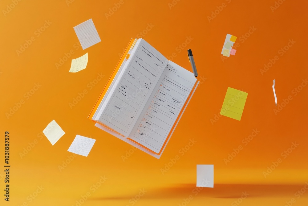 Open Planner with Sticky Notes and Pen on Orange Background Open Planner with Sticky Notes and Pen on Orange Background