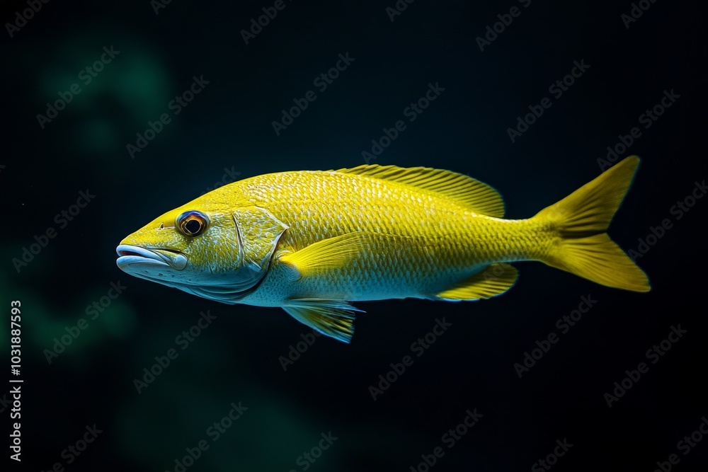the beside view Yellowtail Snapper, left side view, white copy space on right, Isolated on dark Background the beside view Yellowtail Snapper, left side view, white copy space on right, Isolated on dark Background