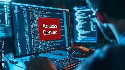 Closeup view of a hacker s hands on a computer keyboard with a prominent red  Access Denied  message displayed on the screen symbolizing a security breach or unauthorized access attempt