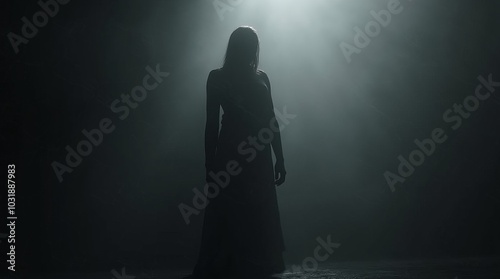 Silhouette of a woman in a beam of light against a dark smoke background. Concept for posters, Halloween background, thriller or mystic banner