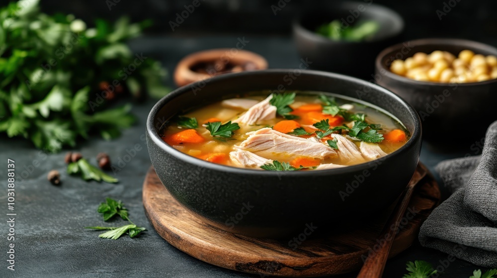 Savory chicken and veggie soup filled with hearty carrots and beans, finished with fresh herbs. A perfect blend of warmth and nutritious tradition in a bowl. Savory chicken and veggie soup filled with hearty carrots and beans, finished with fresh herbs. A perfect blend of warmth and nutritious tradition in a bowl.