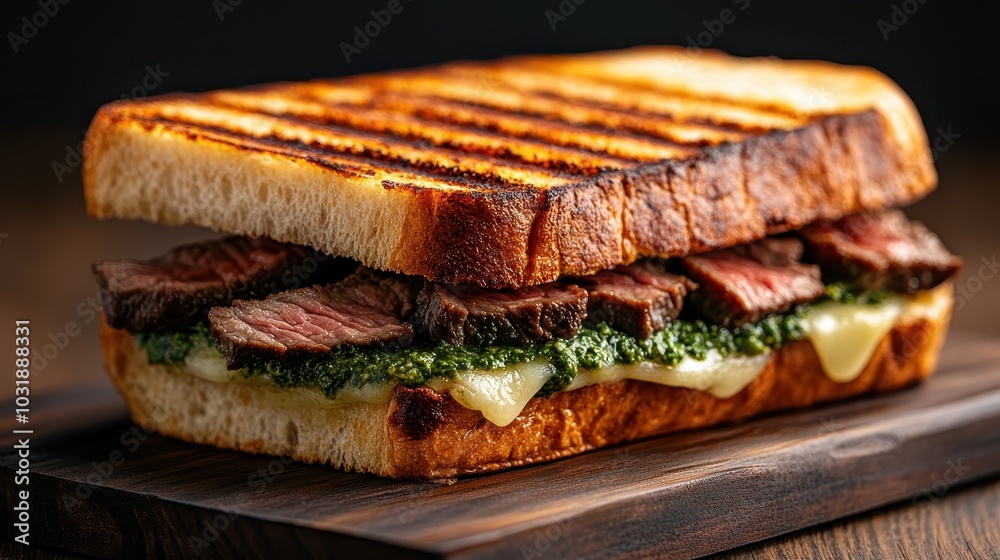 A mouth-watering grilled steak sandwich is artfully presented with layers of melted cheese, vibrant pesto, and toasted bread, perfect for food lovers everywhere. A mouth-watering grilled steak sandwich is artfully presented with layers of melted cheese, vibrant pesto, and toasted bread, perfect for food lovers everywhere.