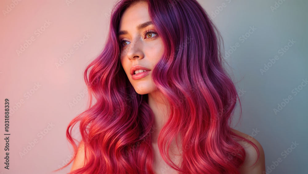 Fototapeta premium Young woman with vibrant purple and pink ombre hair gazes confidently, showcasing trendy hair coloring and soft makeup in a studio setting