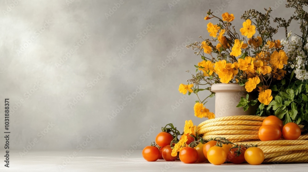 An eye-catching composition of cherry tomatoes, a yellow rope, and bright yellow flowers creating a harmonious blend of colors and textures in a modern style.