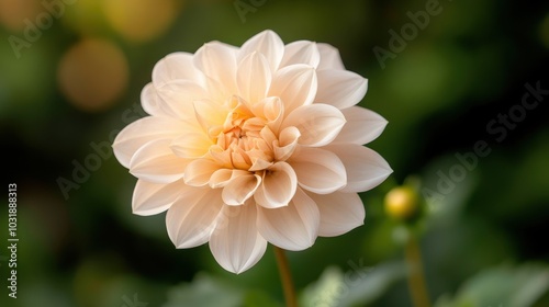 A picturesque image of a creamy colored dahlia captures its detailed petals brushed by natural sunlight, highlighting the flower's simplicity and grace.