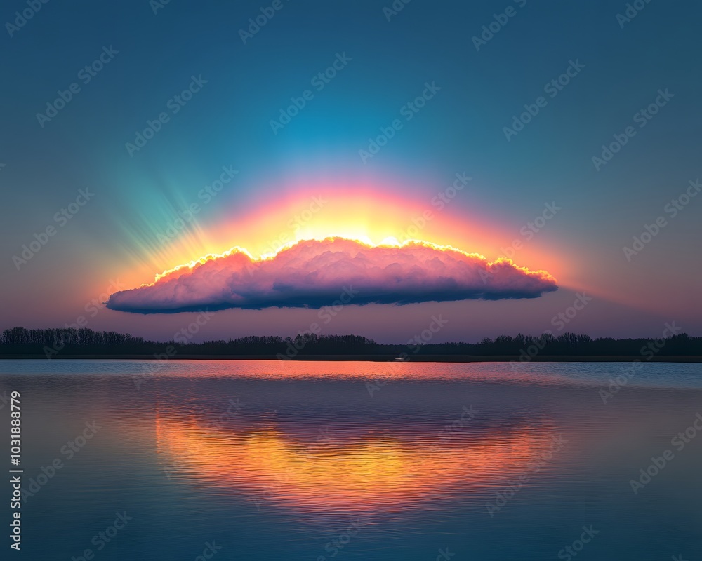 Rainbow-colored cloud over still waters pierced by a glowing line Rainbow-colored cloud over still waters pierced by a glowing line