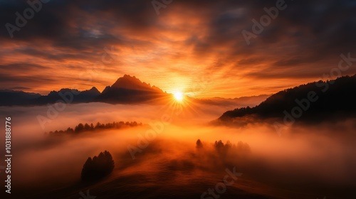 A stunning portrayal of a sunrise casting vibrant hues over fog-draped mountains, creating a serene yet majestic atmosphere that evokes awe and wonder.