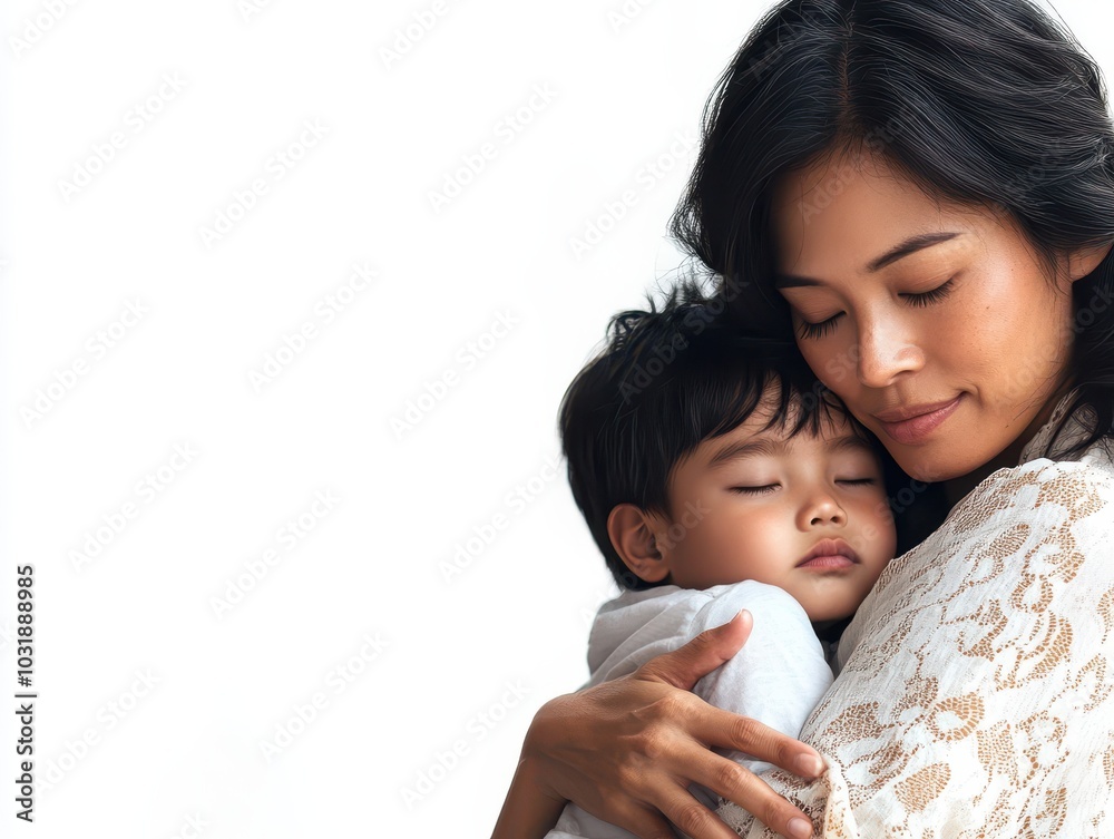 Asian woman hugging her sleeping child, pure white background, motherhood peace, serene connection Asian woman hugging her sleeping child, pure white background, motherhood peace, serene connection