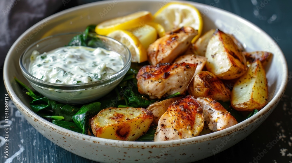 Fototapeta premium Grilled Chicken Breast with Roasted Potatoes and Spinach Salad.