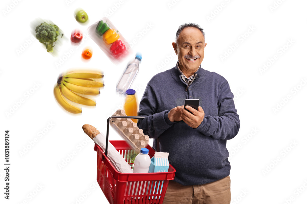 Happy mature man buying groceries online and products falling in a basket Happy mature man buying groceries online and products falling in a basket