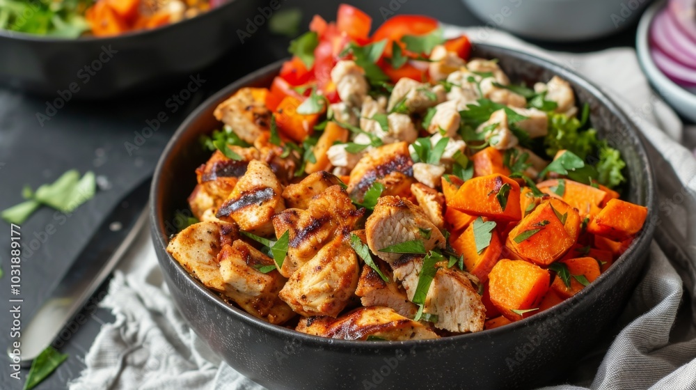 Chicken and Sweet Potato Salad in a Bowl. Meal Prep Chicken Shawarma and Sweet Potato Fry Bowls